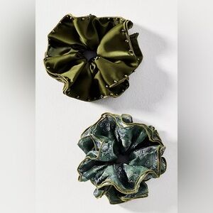NWT Anthropologie Studded Scrunchie Set of 2 Olive and Forest Green